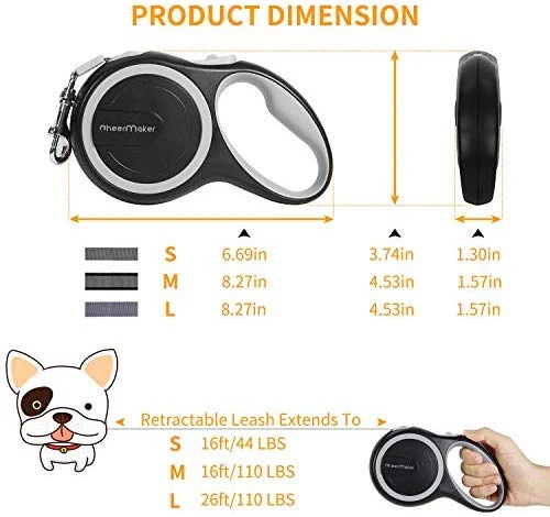 CheerMaker Correa retráctil para perro, 360 ° sin enredos, resistente correa para caminar para perros con cinta de nailon reflectante de 16.0 ft/26.0 ft, mango antideslizante, freno de una mano, pausa, bloqueo para perros de hasta 44lbs/110 libras