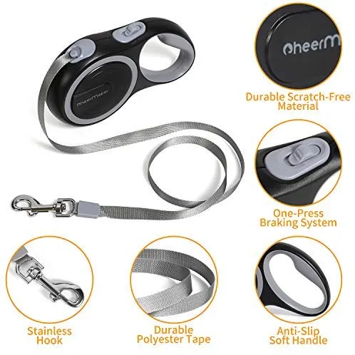 CheerMaker Correa retráctil para perro, 360 ° sin enredos, resistente correa para caminar para perros con cinta de nailon reflectante de 16.0 ft/26.0 ft, mango antideslizante, freno de una mano, pausa, bloqueo para perros de hasta 44lbs/110 libras