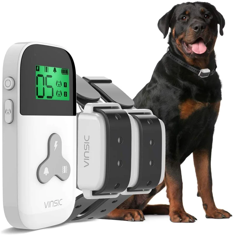 VINSIC - Collar de choque para perro con mando a distancia para 2 perros, collar de entrenamiento para perros a prueba de lluvia con control remoto de alcance de 300 yardas, para collar de corteza de perro pequeño y grande con pantalla LCD
