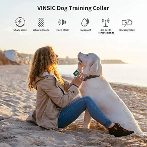 VINSIC - Collar de choque para perro con mando a distancia para 2 perros, collar de entrenamiento para perros a prueba de lluvia con control remoto de alcance de 300 yardas, para collar de corteza de perro pequeño y grande con pantalla LCD