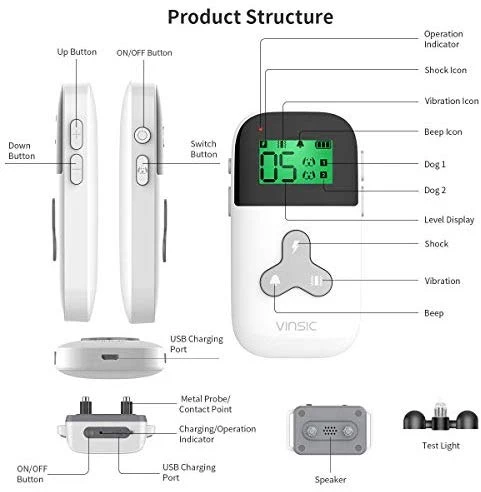 VINSIC - Collar de choque para perro con mando a distancia para 2 perros, collar de entrenamiento para perros a prueba de lluvia con control remoto de alcance de 300 yardas, para collar de corteza de perro pequeño y grande con pantalla LCD