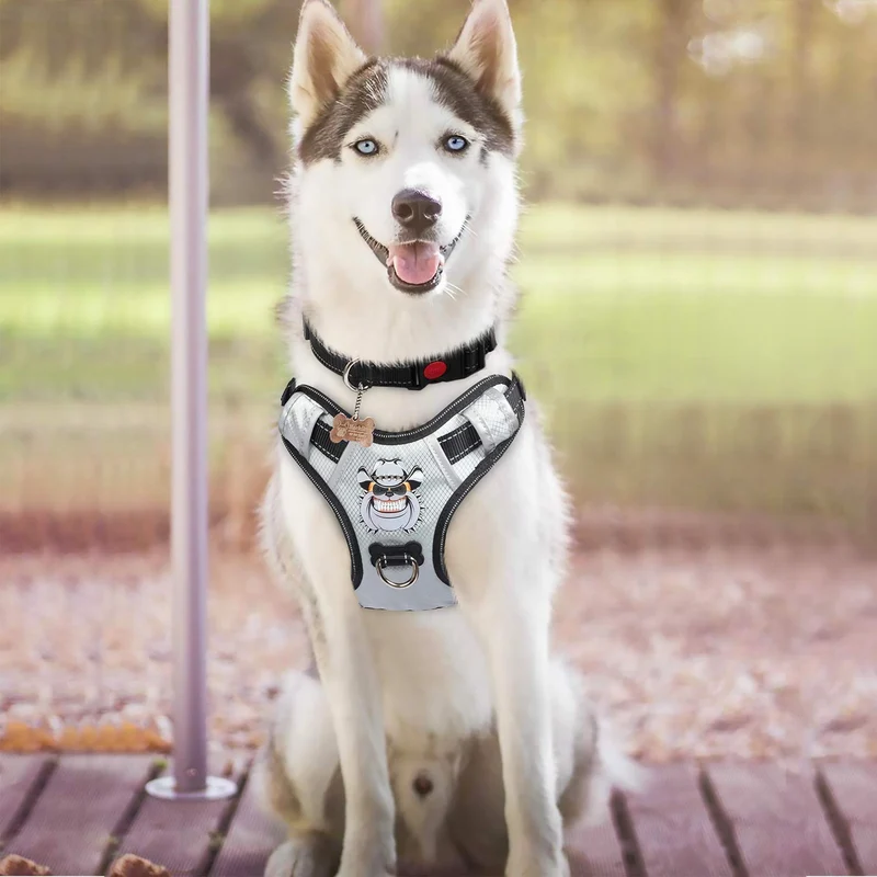 Arnés de perro grande de BABYLTRL de plata antidesgarros ajustable para mascotas de material Oxford reflectante suave chaleco para perros de tamaño mediano grande arnés de fácil control