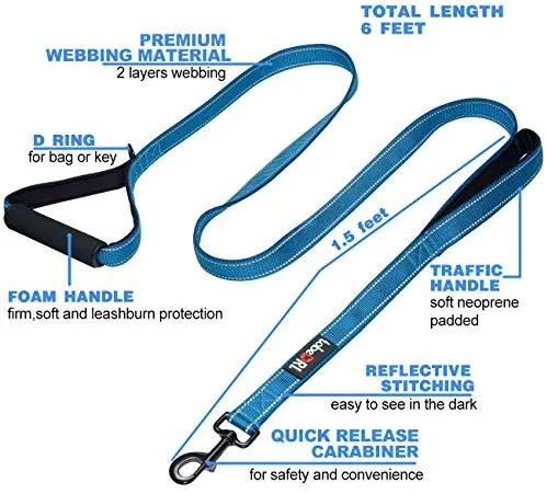 tobeDRI Correa para perro resistente, 2 asas acolchadas, 6 pies de largo, correas de entrenamiento para perros medianos y grandes