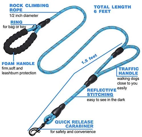 tobeDRI Correa para perro resistente, 2 asas acolchadas, 6 pies de largo, correas de entrenamiento para perros medianos y grandes