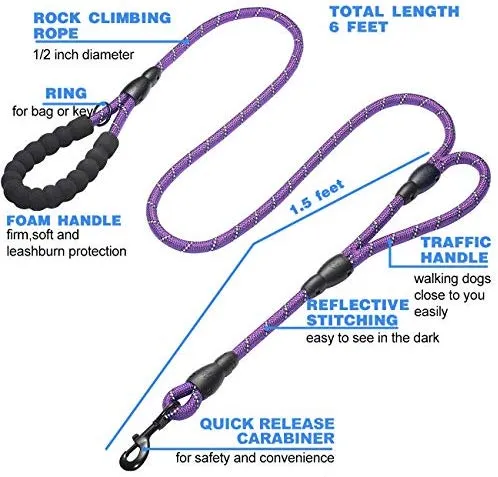 tobeDRI Correa para perro resistente, 2 asas acolchadas, 6 pies de largo, correas de entrenamiento para perros medianos y grandes