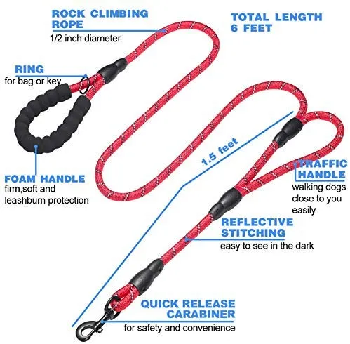 tobeDRI Correa para perro resistente, 2 asas acolchadas, 6 pies de largo, correas de entrenamiento para perros medianos y grandes