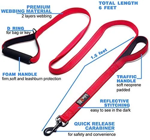 tobeDRI Correa para perro resistente, 2 asas acolchadas, 6 pies de largo, correas de entrenamiento para perros medianos y grandes
