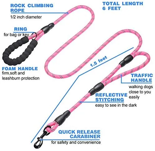 tobeDRI Correa para perro resistente, 2 asas acolchadas, 6 pies de largo, correas de entrenamiento para perros medianos y grandes