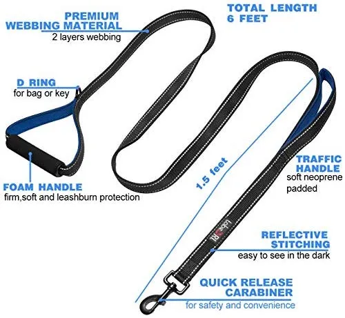 tobeDRI Correa para perro resistente, 2 asas acolchadas, 6 pies de largo, correas de entrenamiento para perros medianos y grandes