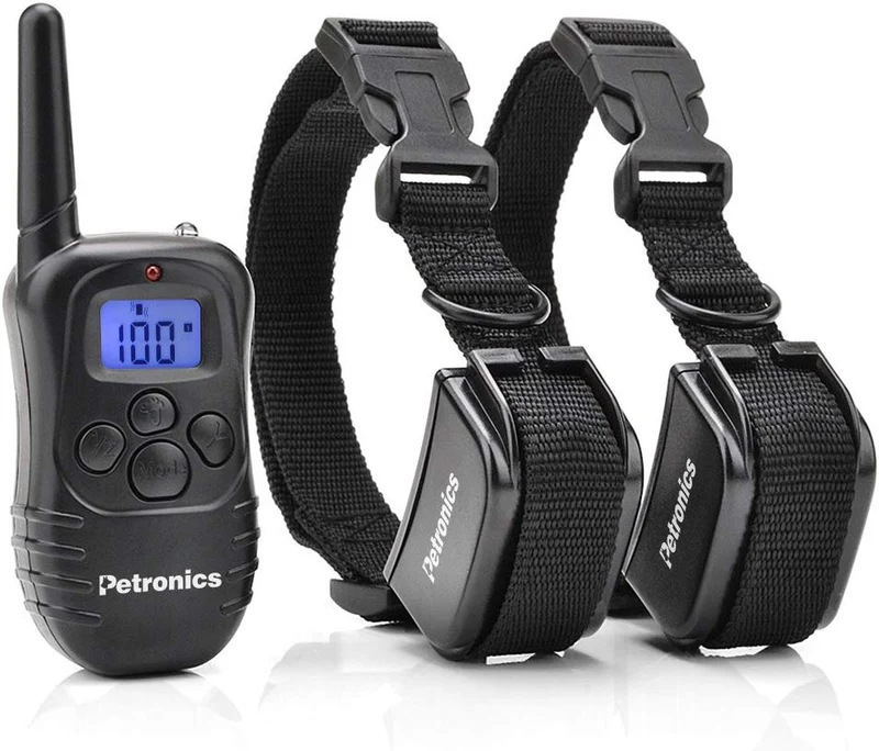 Petronics Collar de choque para perros, collar de entrenamiento de perro con mando a distancia, collar de corteza recargable para perros grandes, medianos y pequeños, collar E con estático, vibración, pitido y luz, 330 yardas, para 2 perros