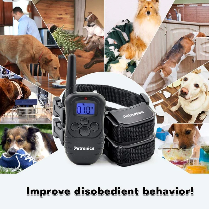 Petronics Collar de choque para perros, collar de entrenamiento de perro con mando a distancia, collar de corteza recargable para perros grandes, medianos y pequeños, collar E con estático, vibración, pitido y luz, 330 yardas, para 2 perros