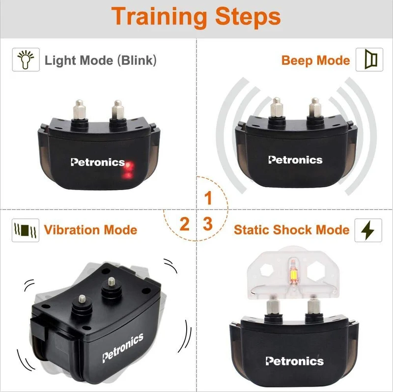 Petronics Collar de choque para perros, collar de entrenamiento de perro con mando a distancia, collar de corteza recargable para perros grandes, medianos y pequeños, collar E con estático, vibración, pitido y luz, 330 yardas, para 2 perros
