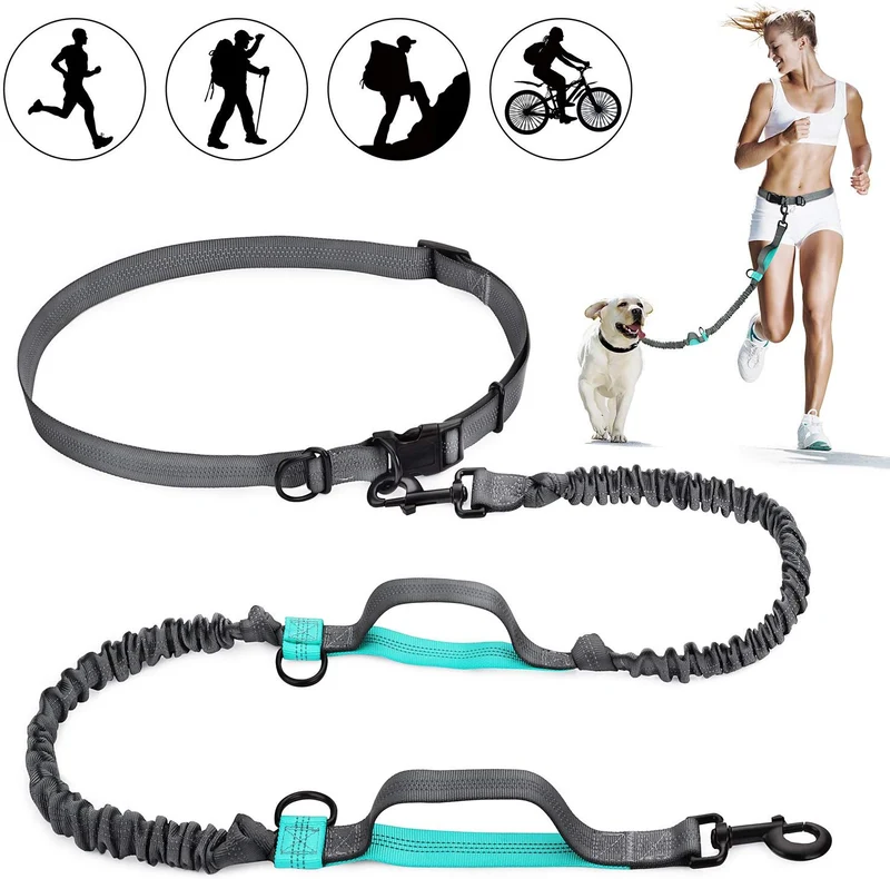SHINE HAI - Correa para perro con doble elástico para manos libres, control gratuito para perros de hasta 150 libras, correa elástica duradera de doble asa con cinturón ajustable para correr, correr o caminar, gris