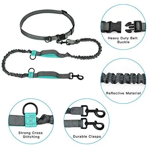 SHINE HAI - Correa para perro con doble elástico para manos libres, control gratuito para perros de hasta 150 libras, correa elástica duradera de doble asa con cinturón ajustable para correr, correr o caminar, gris