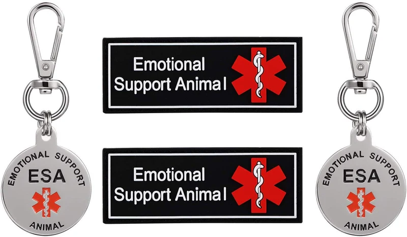 Símbolo de alerta médica de doble cara con etiqueta de identificación ESA y parches personalizados de ESA con gancho para apoyo emocional para animales, en entrenamiento, no mascotas, perro de terapia para arnés de chaleco, collares, correas, 4 piezas