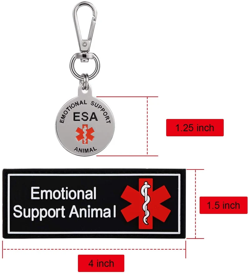 Símbolo de alerta médica de doble cara con etiqueta de identificación ESA y parches personalizados de ESA con gancho para apoyo emocional para animales, en entrenamiento, no mascotas, perro de terapia para arnés de chaleco, collares, correas, 4 piezas
