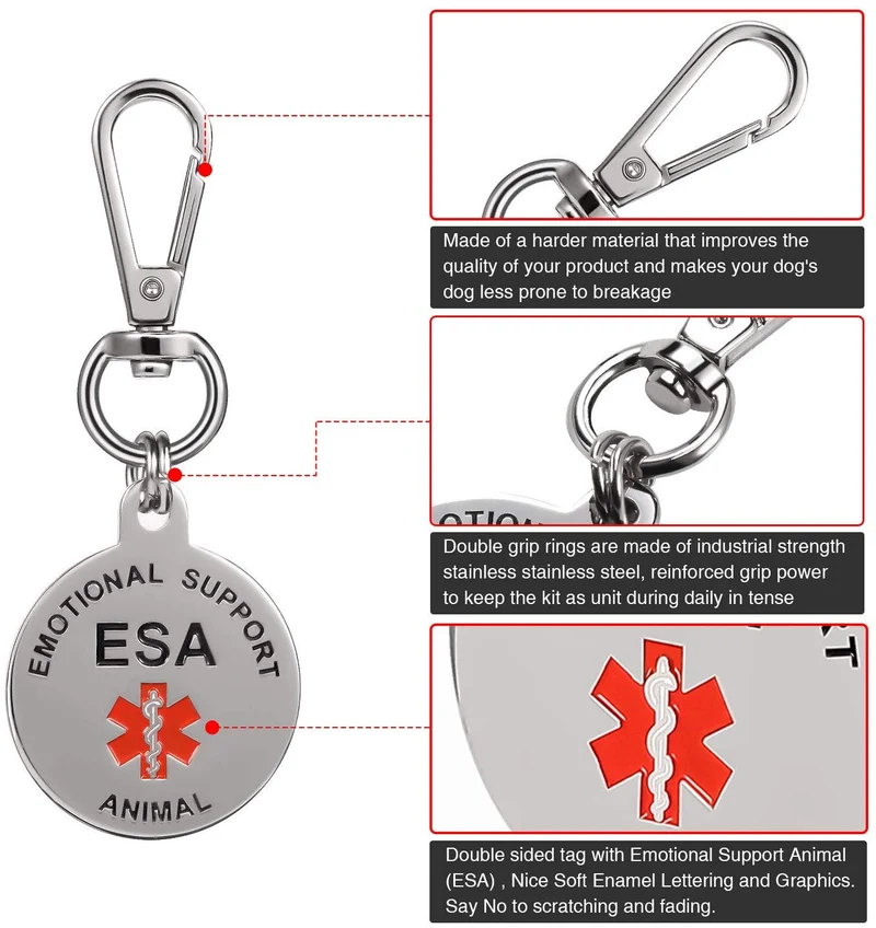 Símbolo de alerta médica de doble cara con etiqueta de identificación ESA y parches personalizados de ESA con gancho para apoyo emocional para animales, en entrenamiento, no mascotas, perro de terapia para arnés de chaleco, collares, correas, 4 piezas