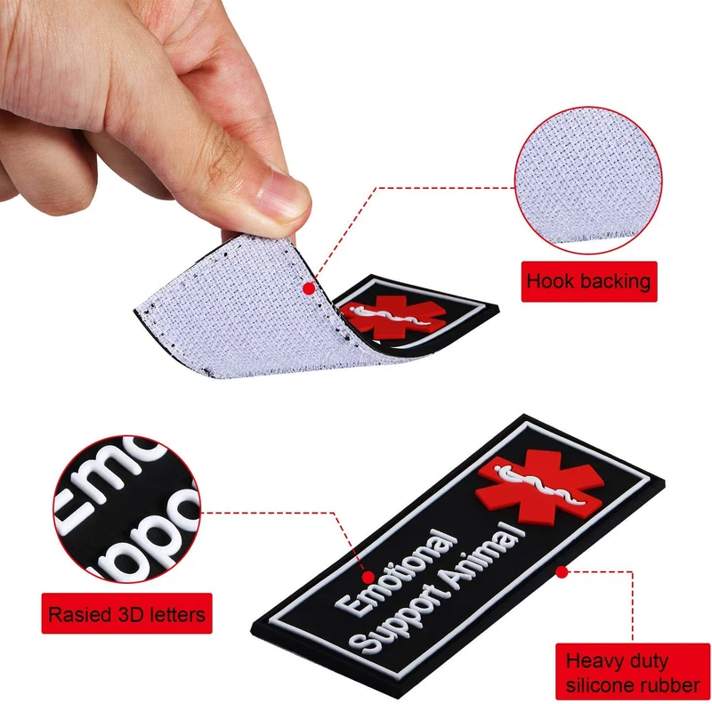 Símbolo de alerta médica de doble cara con etiqueta de identificación ESA y parches personalizados de ESA con gancho para apoyo emocional para animales, en entrenamiento, no mascotas, perro de terapia para arnés de chaleco, collares, correas, 4 piezas