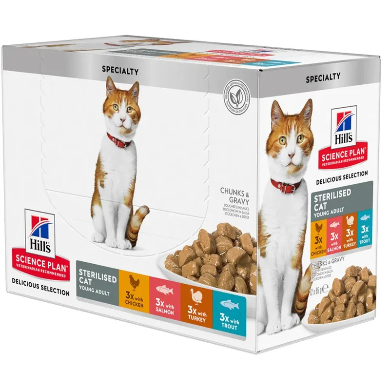 Hill'S Science Plan Sterilised Pollo, Salmón, Pavo y Trucha 85 g Pack 12 uds Sobre Alimento para Gatos