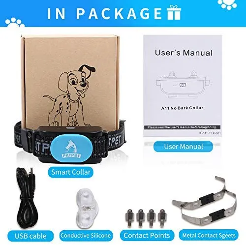 PATPET Dog Bark Collar Safe Shock Rechargeable Anti Stop Barking Collar with 7 Levels for Small to Large Dogs, Smart Chip Adjustable Dog Training Collar, No Pain - Safe, Anti-Bark Device