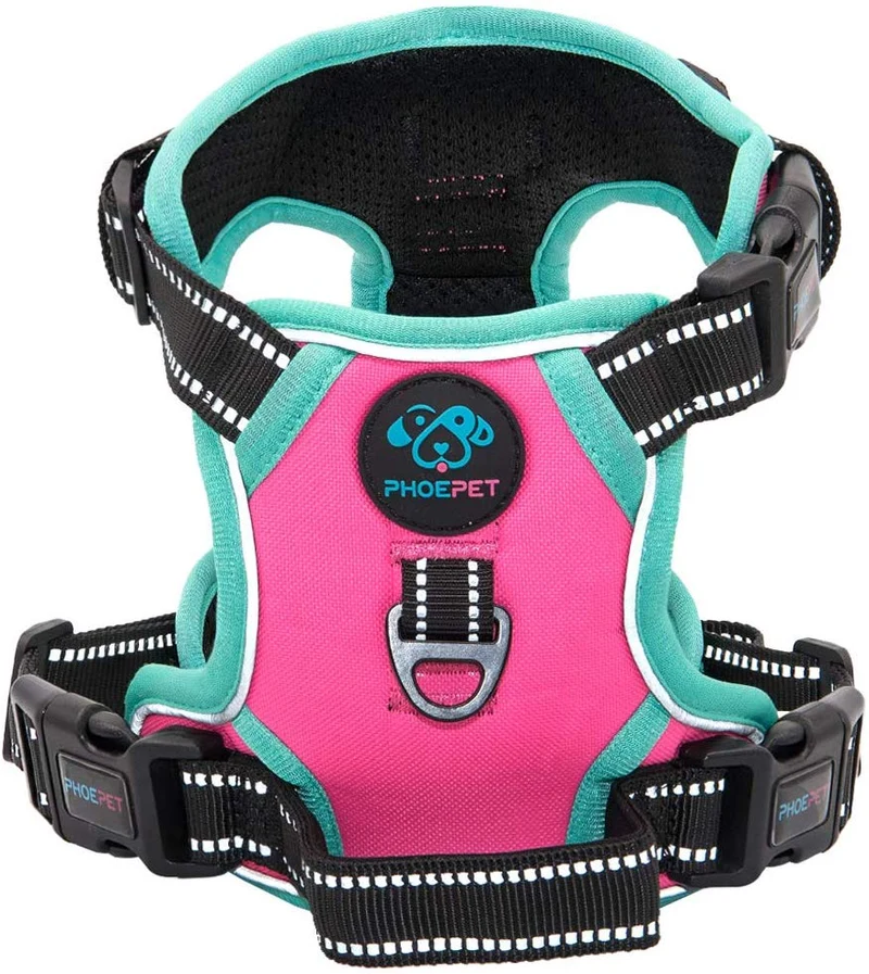 PHOEPET 2019 Arnés para perro mejorado, sin tirar, chaleco ajustable reflectante de colores únicos, con un asa de entrenamiento + 2 ganchos de correa de metal + 3 hebillas + 4 hebillas deslizantes [fácil de poner y quitar]