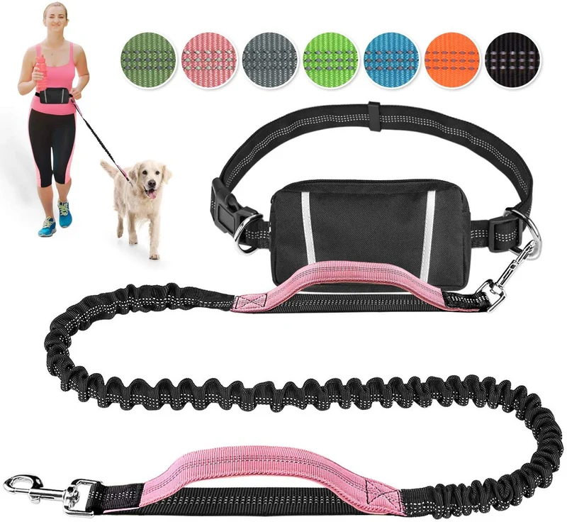 Correa para perro de LANNEY, manos libres, para correr, caminar, correr, entrenar senderismo, correa elástica retráctil para perros medianos a grandes, cinturón de cintura ajustable, costuras reflectantes, doble asa