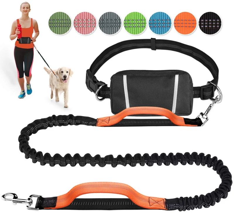 Correa para perro de LANNEY, manos libres, para correr, caminar, correr, entrenar senderismo, correa elástica retráctil para perros medianos a grandes, cinturón de cintura ajustable, costuras reflectantes, doble asa
