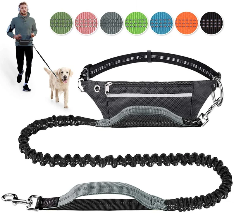 Correa para perro de LANNEY, manos libres, para correr, caminar, correr, entrenar senderismo, correa elástica retráctil para perros medianos a grandes, cinturón de cintura ajustable, costuras reflectantes, doble asa