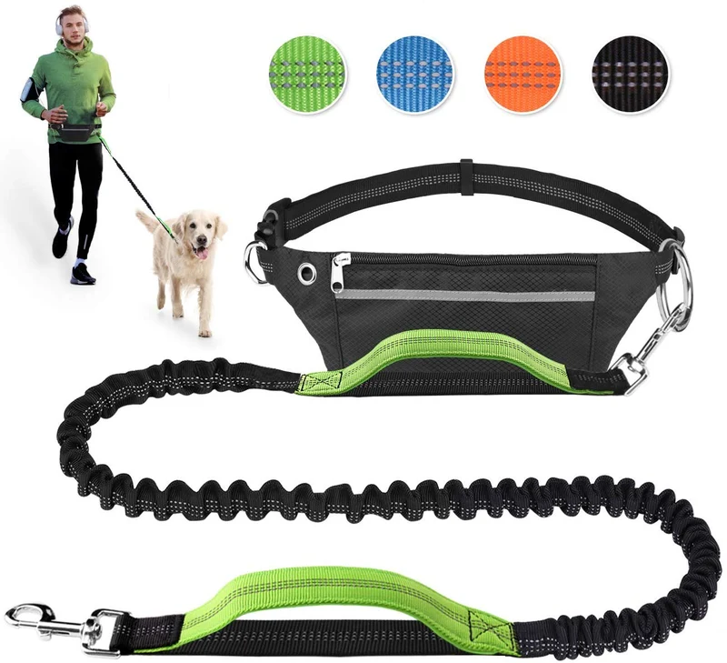 Correa para perro de LANNEY, manos libres, para correr, caminar, correr, entrenar senderismo, correa elástica retráctil para perros medianos a grandes, cinturón de cintura ajustable, costuras reflectantes, doble asa