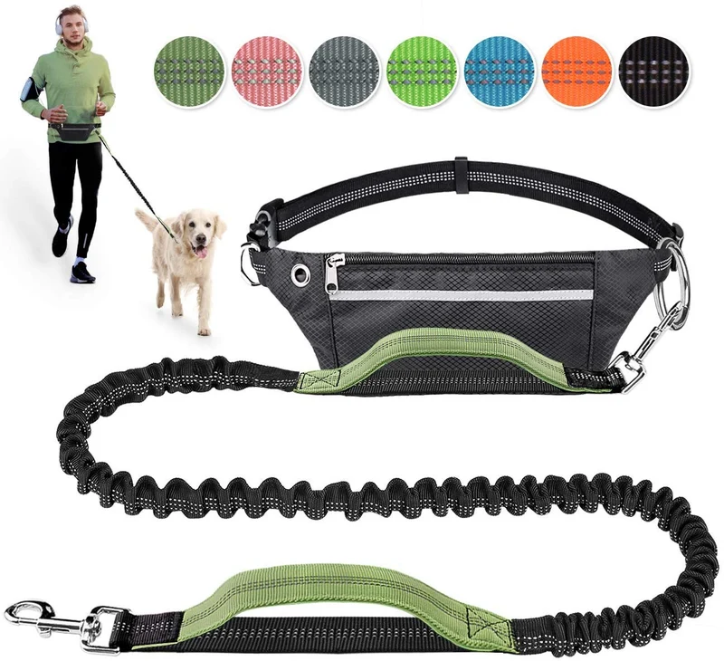 Correa para perro de LANNEY, manos libres, para correr, caminar, correr, entrenar senderismo, correa elástica retráctil para perros medianos a grandes, cinturón de cintura ajustable, costuras reflectantes, doble asa