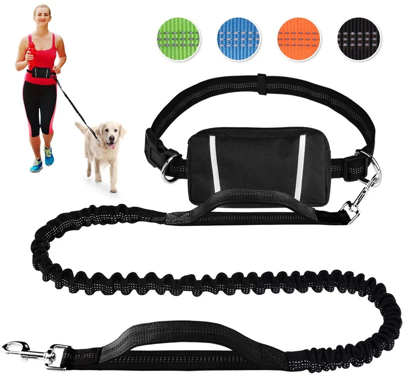 Correa para perro de LANNEY, manos libres, para correr, caminar, correr, entrenar senderismo, correa elástica retráctil para perros medianos a grandes, cinturón de cintura ajustable, costuras reflectantes, doble asa