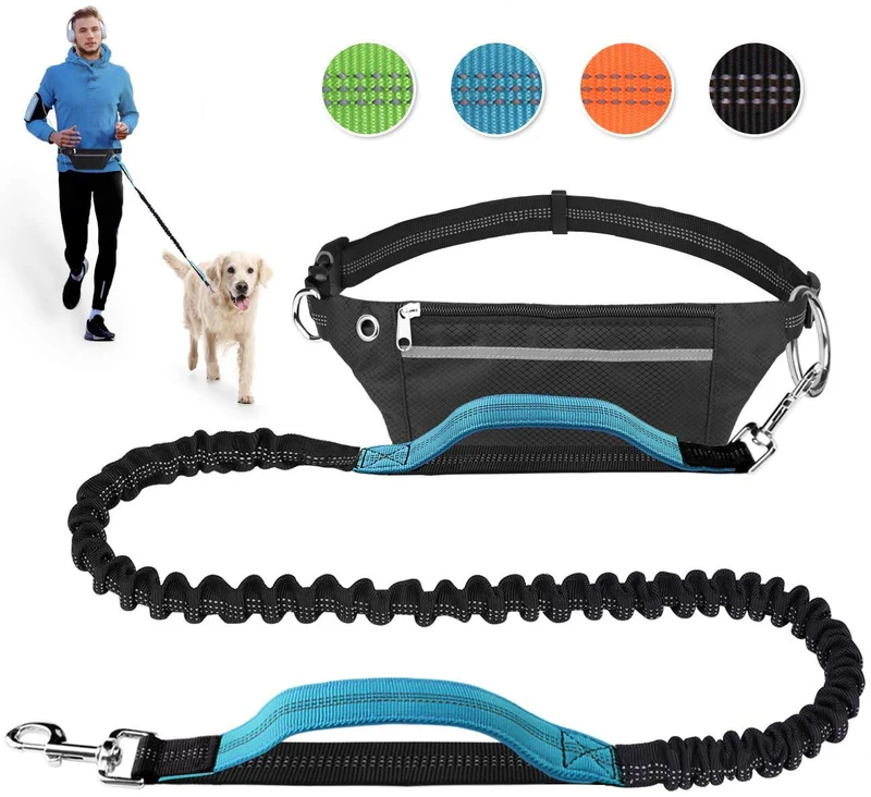 Correa para perro de LANNEY, manos libres, para correr, caminar, correr, entrenar senderismo, correa elástica retráctil para perros medianos a grandes, cinturón de cintura ajustable, costuras reflectantes, doble asa