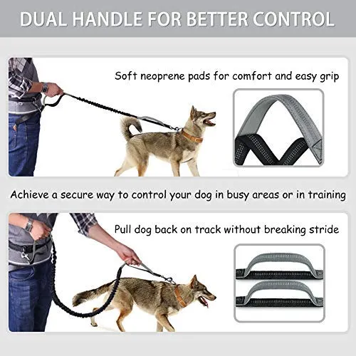 Correa para perro de LANNEY, manos libres, para correr, caminar, correr, entrenar senderismo, correa elástica retráctil para perros medianos a grandes, cinturón de cintura ajustable, costuras reflectantes, doble asa