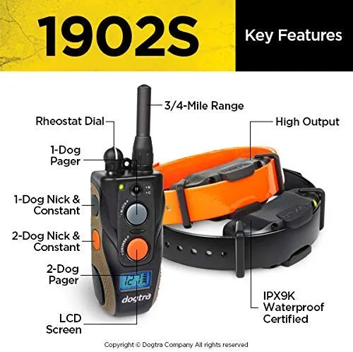 Dogtra 1900S/1902S - Collar de entrenamiento remoto de 3/4 millas, impermeable, recargable, vibración, incluye pulsador de entrenamiento para perros PetsTEK