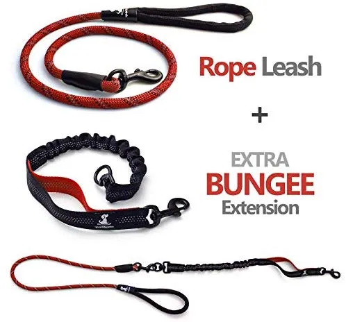 SparklyPets Heavy Duty Rope Bungee Leash for Large and Medium Dogs with Anti-Pull for Shock Absorption - No Slip Reflective Leash for Outside
