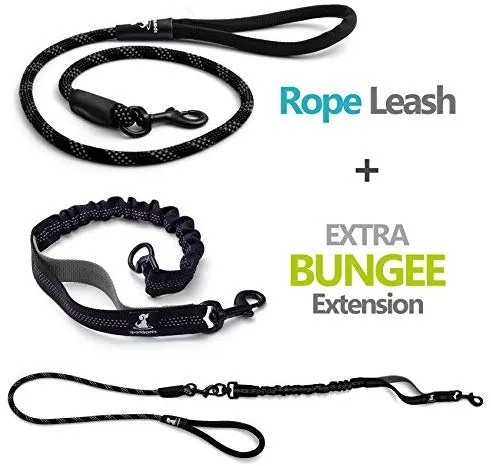 SparklyPets Heavy Duty Rope Bungee Leash for Large and Medium Dogs with Anti-Pull for Shock Absorption - No Slip Reflective Leash for Outside