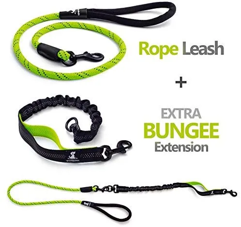 SparklyPets Heavy Duty Rope Bungee Leash for Large and Medium Dogs with Anti-Pull for Shock Absorption - No Slip Reflective Leash for Outside
