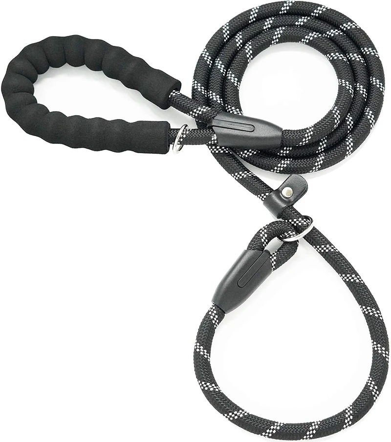 iYoShop - Correa de entrenamiento para perro de 5.9 ft, extremadamente duradera, con asa acolchada cómoda y hilos altamente reflectantes, correa deslizante de calidad para perros pequeños, medianos y grandes, color negro, mediano y grande (6 pies)