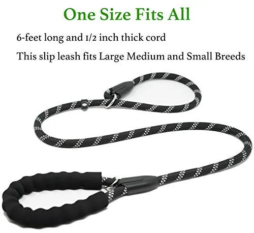 iYoShop - Correa de entrenamiento para perro de 5.9 ft, extremadamente duradera, con asa acolchada cómoda y hilos altamente reflectantes, correa deslizante de calidad para perros pequeños, medianos y grandes, color negro, mediano y grande (6 pies)