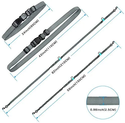 SHINE HAI - Correa para perro con doble elástico para manos libres, control gratuito para perros de hasta 150 libras, correa elástica duradera de doble asa con cinturón ajustable para correr, correr o caminar, gris