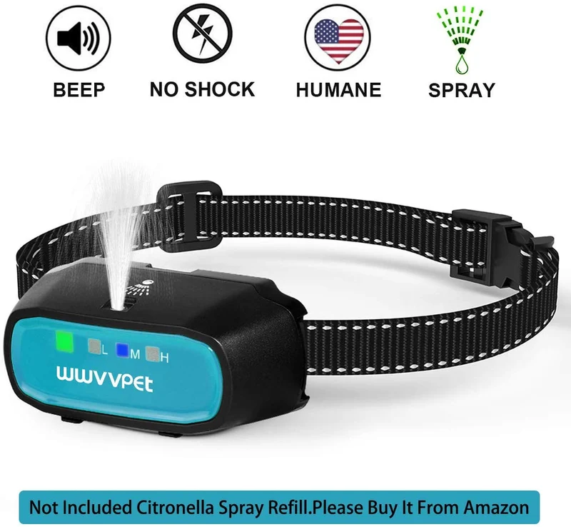 WWVVPET Collar de entrenamiento para perros, 2 modos, collar de corteza para perro (no incluye rociador de citronela), recargable de 500 pies, sin choque eléctrico inofensivo
