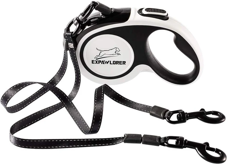 EXPAWLORER Correa retráctil doble para perro – Correa extensible de doble cabeza con bloqueo – Cinta de nailon reflectante de 16.0 ft – 360 ° libre de enredos para dos perros caminando entrenamiento, hasta 160 libras en total, 80 libras cada uno