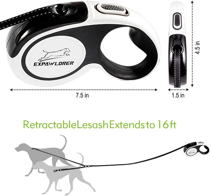 EXPAWLORER Correa retráctil doble para perro – Correa extensible de doble cabeza con bloqueo – Cinta de nailon reflectante de 16.0 ft – 360 ° libre de enredos para dos perros caminando entrenamiento, hasta 160 libras en total, 80 libras cada uno