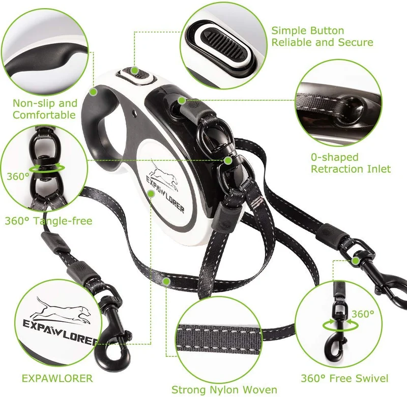 EXPAWLORER Correa retráctil doble para perro – Correa extensible de doble cabeza con bloqueo – Cinta de nailon reflectante de 16.0 ft – 360 ° libre de enredos para dos perros caminando entrenamiento, hasta 160 libras en total, 80 libras cada uno
