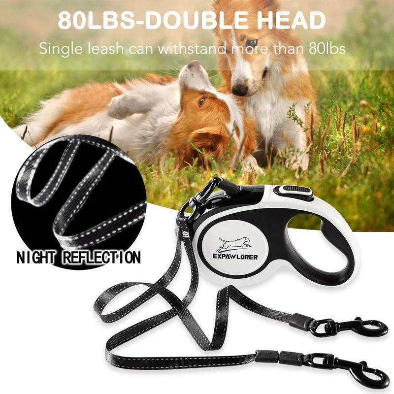 EXPAWLORER Correa retráctil doble para perro – Correa extensible de doble cabeza con bloqueo – Cinta de nailon reflectante de 16.0 ft – 360 ° libre de enredos para dos perros caminando entrenamiento, hasta 160 libras en total, 80 libras cada uno