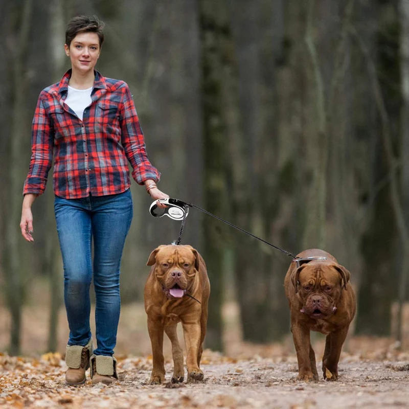 EXPAWLORER Correa retráctil doble para perro – Correa extensible de doble cabeza con bloqueo – Cinta de nailon reflectante de 16.0 ft – 360 ° libre de enredos para dos perros caminando entrenamiento, hasta 160 libras en total, 80 libras cada uno