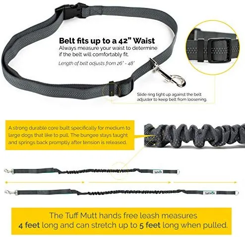 Tuff Mutt, Correa para perros, manos libres, para correr, caminar, senderismo, correa con mango doble durable, costura reflectante, 4 pies de largo, cinto ajustable en la cintura (hasta 42 pulgadas de cintura)