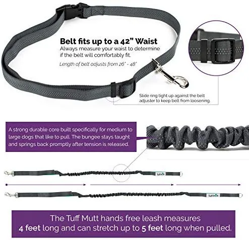 Tuff Mutt, Correa para perros, manos libres, para correr, caminar, senderismo, correa con mango doble durable, costura reflectante, 4 pies de largo, cinto ajustable en la cintura (hasta 42 pulgadas de cintura)