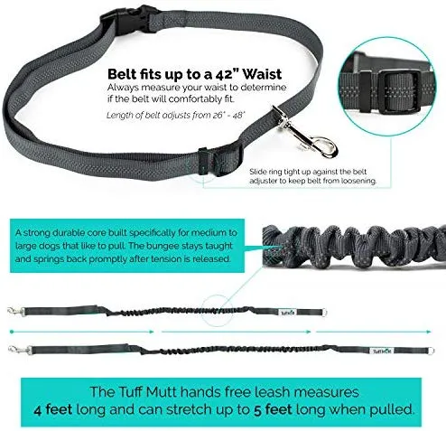 Tuff Mutt, Correa para perros, manos libres, para correr, caminar, senderismo, correa con mango doble durable, costura reflectante, 4 pies de largo, cinto ajustable en la cintura (hasta 42 pulgadas de cintura)