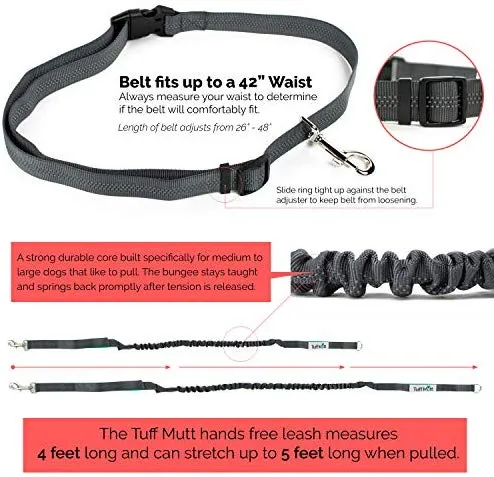 Tuff Mutt, Correa para perros, manos libres, para correr, caminar, senderismo, correa con mango doble durable, costura reflectante, 4 pies de largo, cinto ajustable en la cintura (hasta 42 pulgadas de cintura)